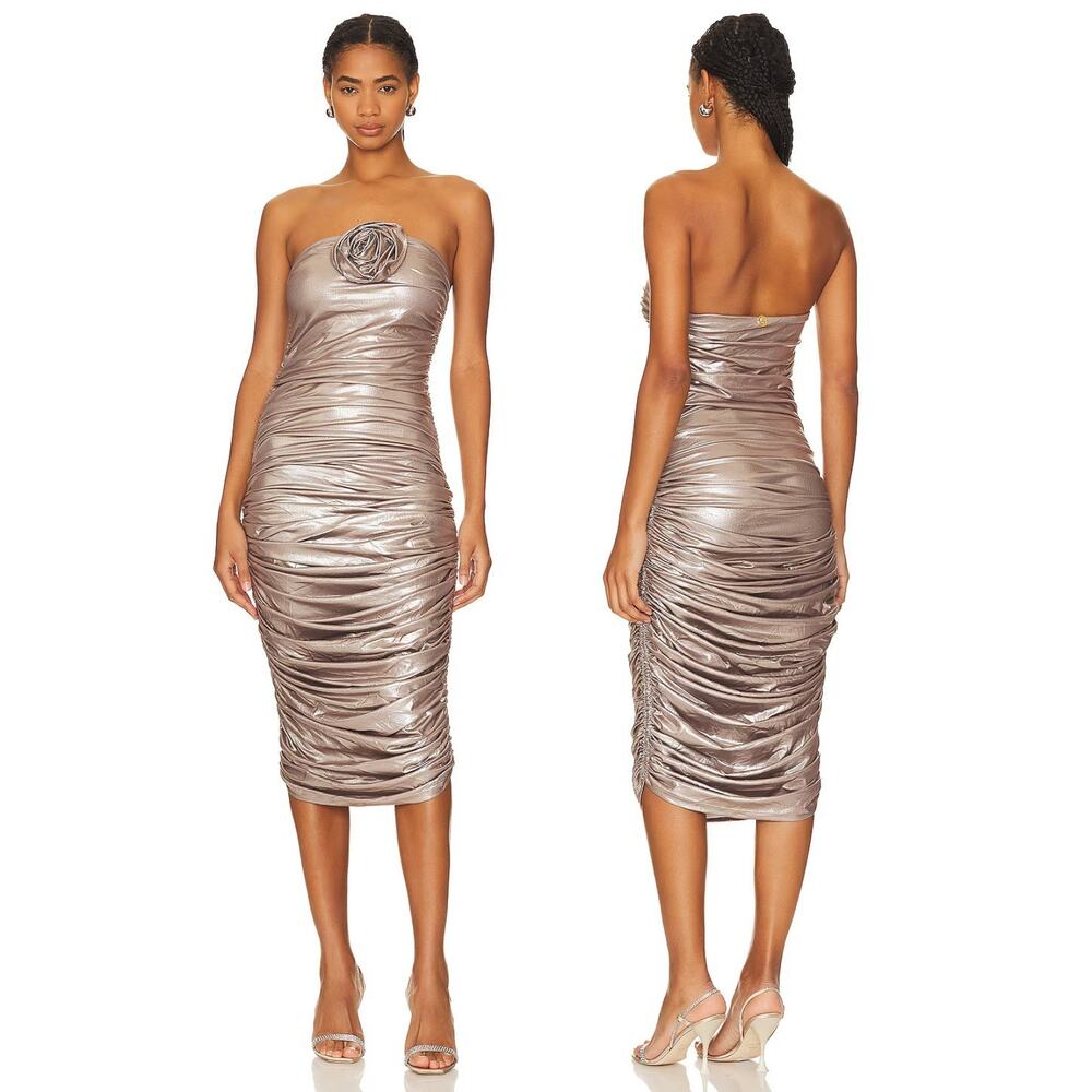 Bahia Maria Roxanne Midi Dress Strapless Ruched Rosette Party Cocktail Prom S